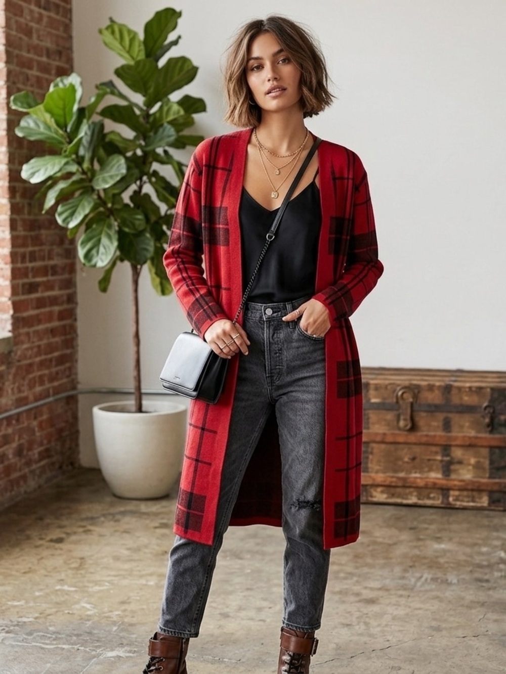 Sioni Red and Black Plaid Open-Front Cardigan